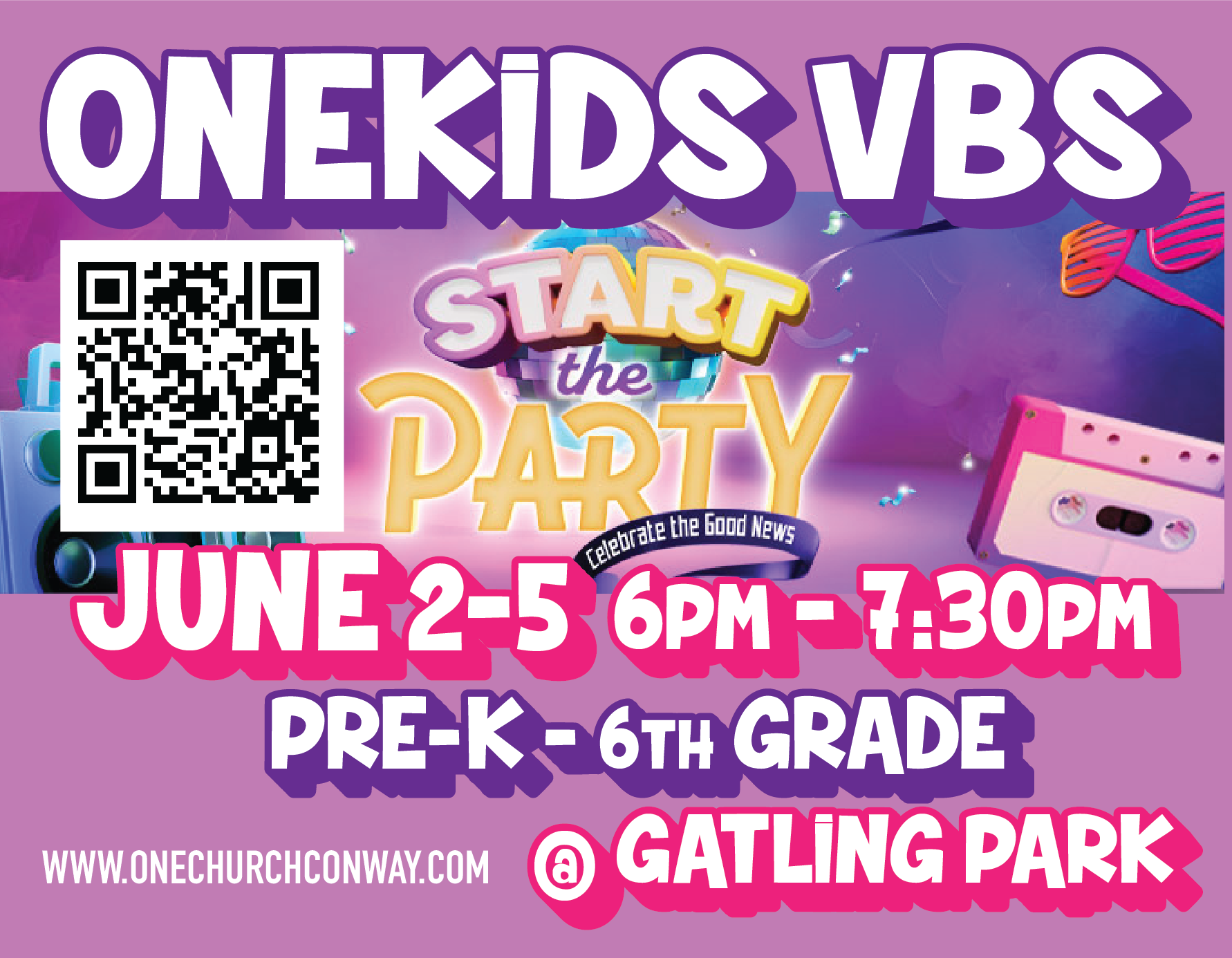 Children VBS event flyer with date, time, and QR code.