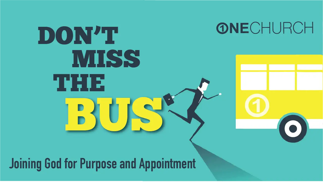 OneChurch event poster with bus and slogan.