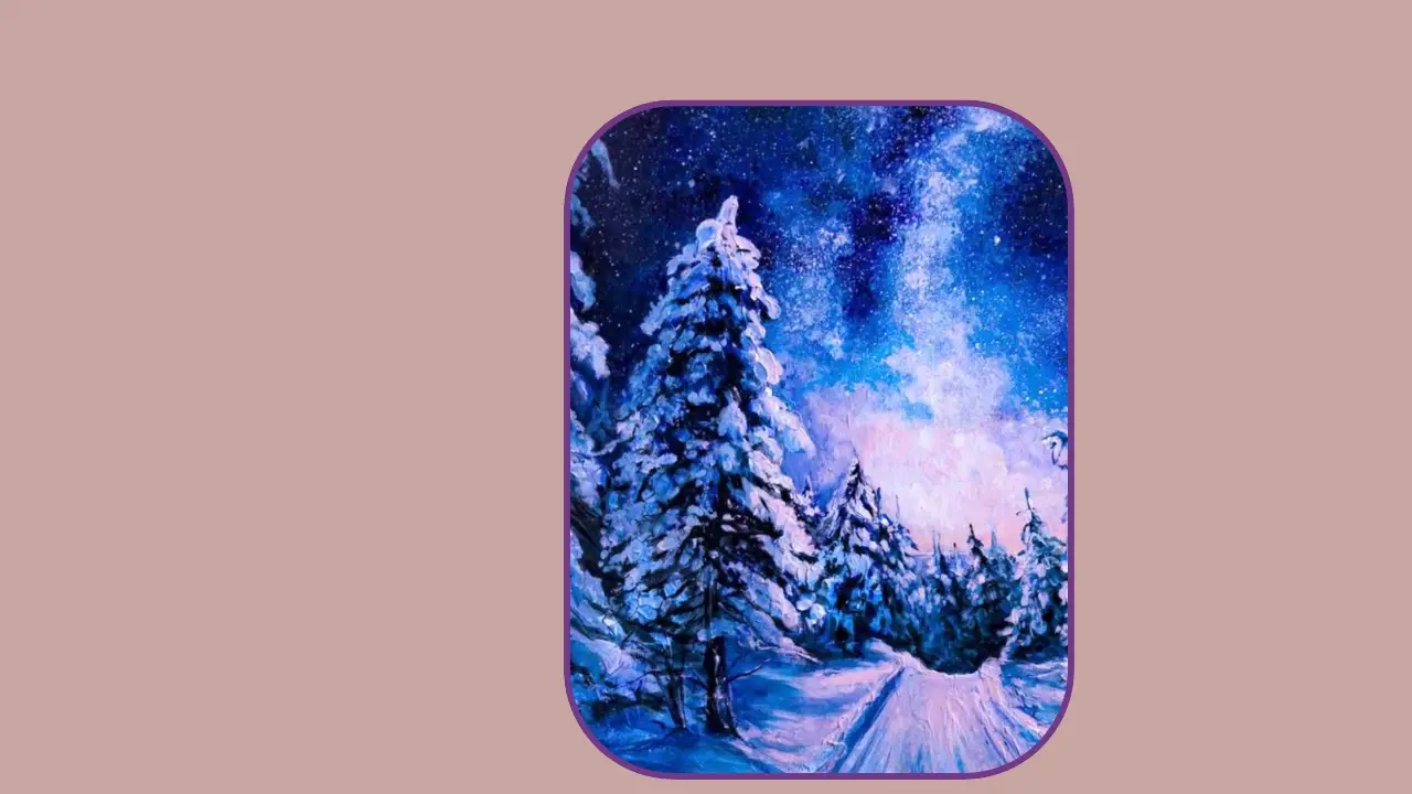 Snowy forest under starry night sky painting