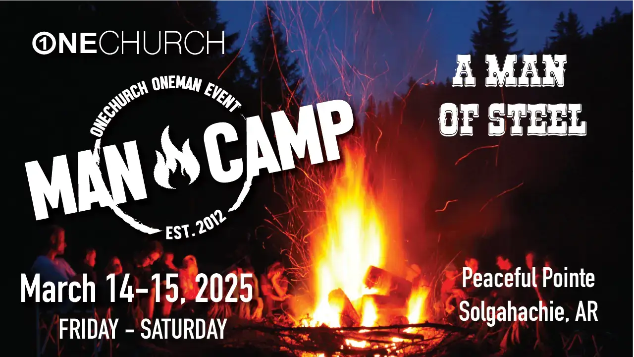 Man camp event poster with campfire.